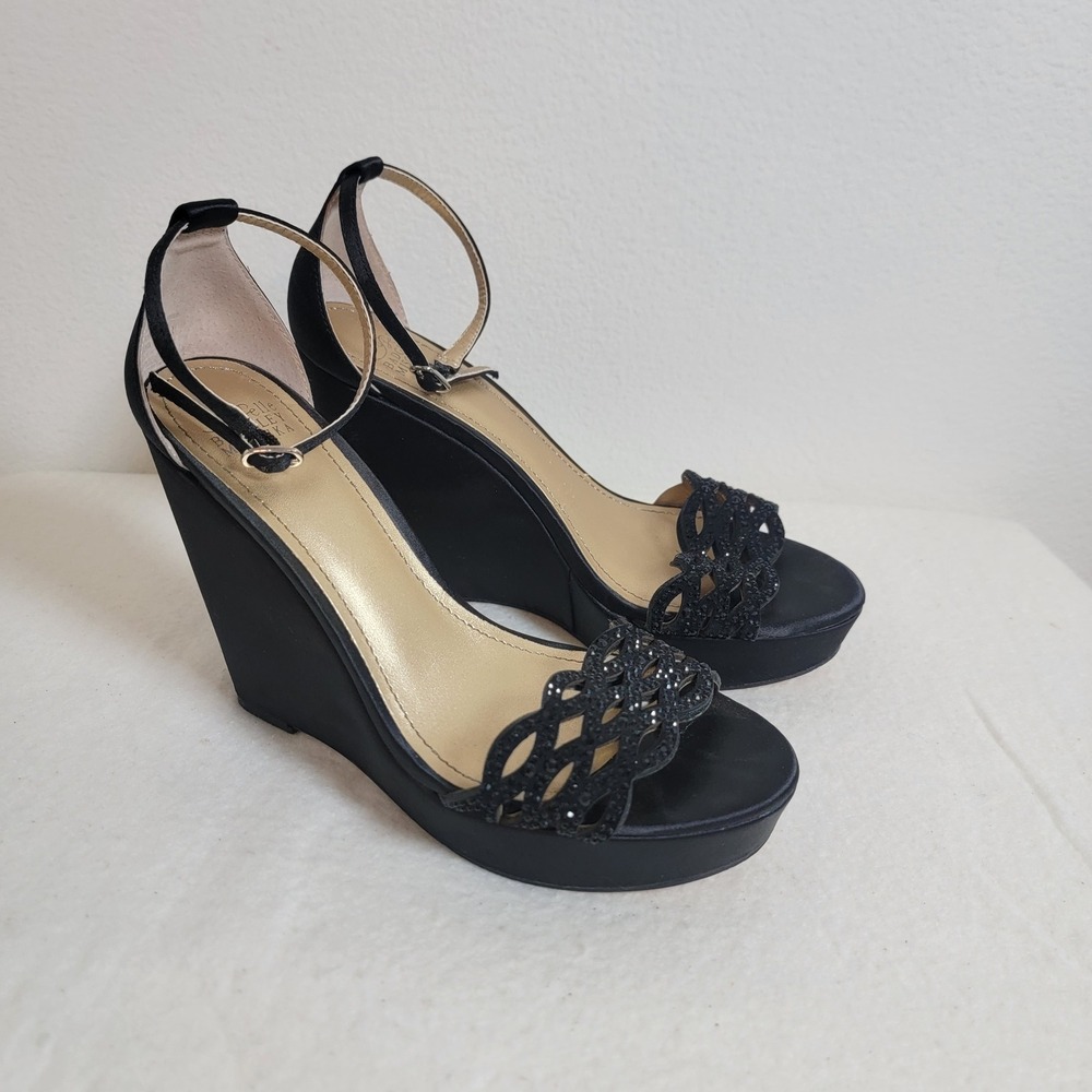 Belle Badgley Mischka Black Satin Rhinestone Platform Wedge Sandals Womens 6.5